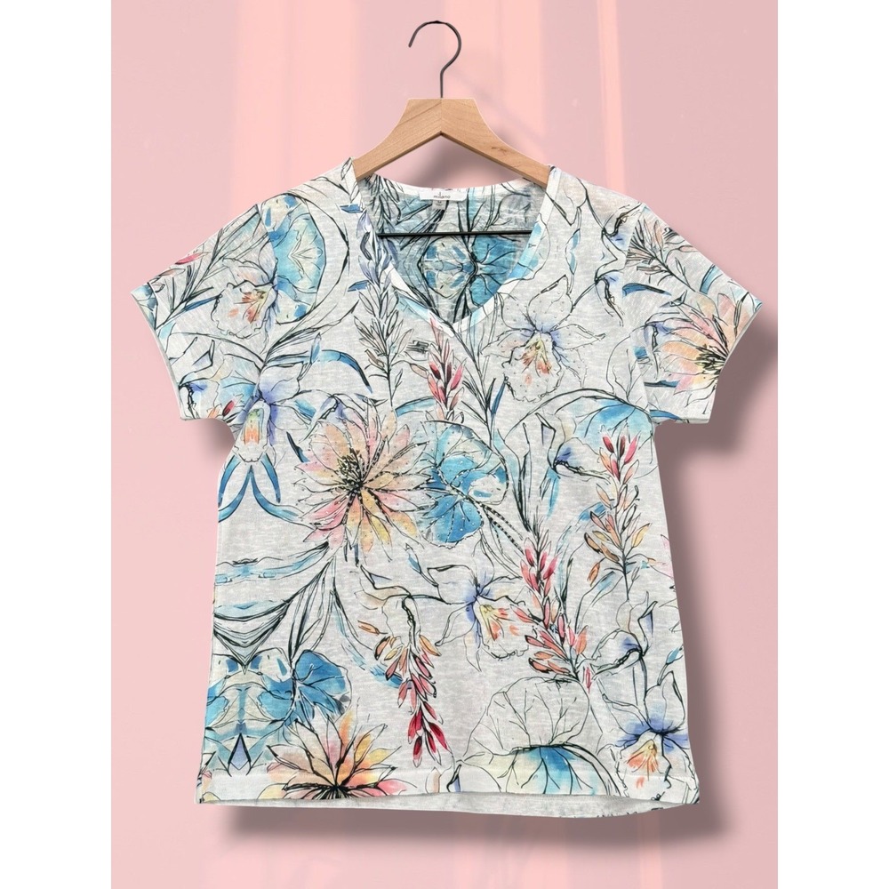 Milano Floral Botanical Rhinestone V-Neck Short Sleeve Top Size M